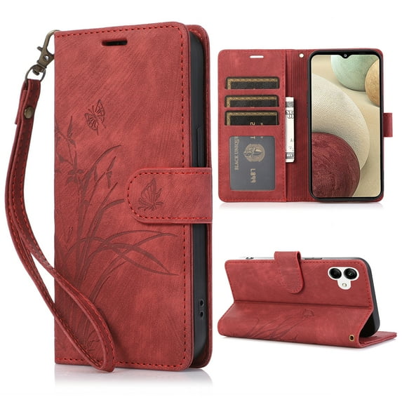 Nalacover Slim Wallet Case for Samsung Galaxy A04E, for Women Men, Embossed Pattern PU Leather Shockproof Magnetic Clasp Credit Card Slots Flip Kickstand Phone Case+Wrist Strap,Red