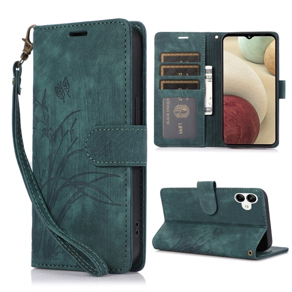 Nalacover Slim Wallet Case for Samsung Galaxy A05, for Women Men, Embossed Pattern PU Leather Shockproof Magnetic Clasp Credit Card Slots Flip Kickstand Phone Case+Wrist Strap,Green