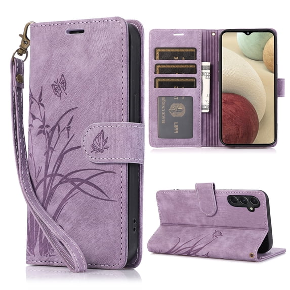 Nalacover Slim Wallet Case for Samsung Galaxy A05S, for Women Men, Embossed Pattern PU Leather Shockproof Magnetic Clasp Credit Card Slots Flip Kickstand Phone Case+Wrist Strap,Purple