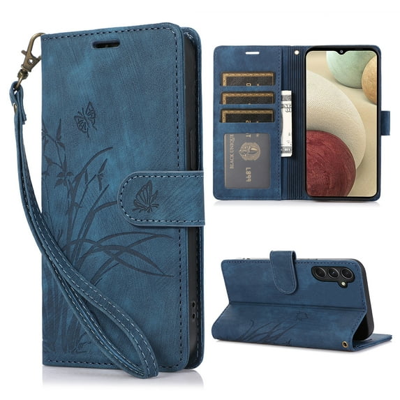 Nalacover Slim Wallet Case for Samsung Galaxy A05S, for Women Men, Embossed Pattern PU Leather Shockproof Magnetic Clasp Credit Card Slots Flip Kickstand Phone Case+Wrist Strap,Blue