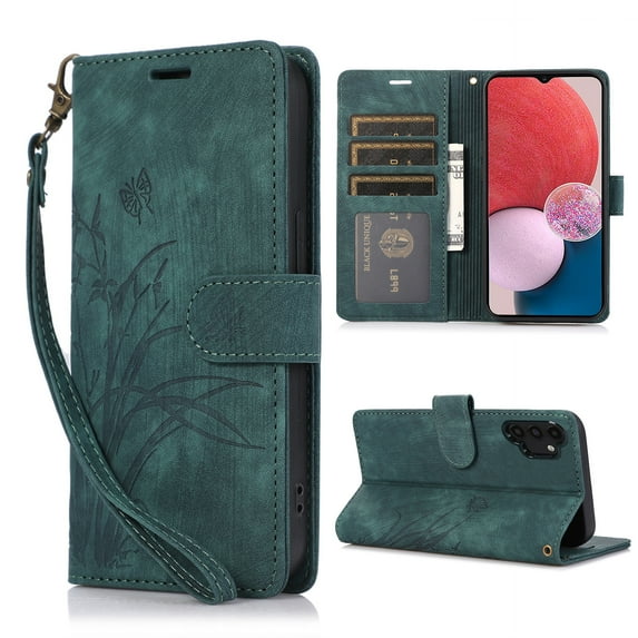 Nalacover Slim Wallet Case for Samsung Galaxy A13 4G, for Women Men, Embossed Pattern PU Leather Shockproof Magnetic Clasp Credit Card Slots Flip Kickstand Phone Case+Wrist Strap,Green
