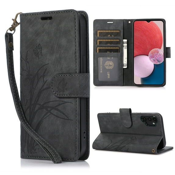 Nalacover Slim Wallet Case for Samsung Galaxy A13 4G, for Women Men, Embossed Pattern PU Leather Shockproof Magnetic Clasp Credit Card Slots Flip Kickstand Phone Case+Wrist Strap,Black