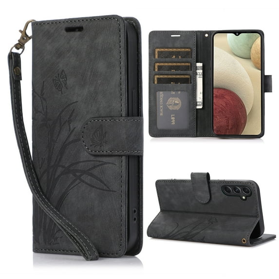 Nalacover Slim Wallet Case for Samsung Galaxy A15 4G, for Women Men, Embossed Pattern PU Leather Shockproof Magnetic Clasp Credit Card Slots Flip Kickstand Phone Case+Wrist Strap,Black