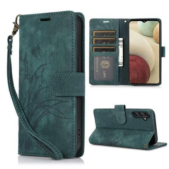 Nalacover Slim Wallet Case for Samsung Galaxy A15 4G, for Women Men, Embossed Pattern PU Leather Shockproof Magnetic Clasp Credit Card Slots Flip Kickstand Phone Case+Wrist Strap,Green