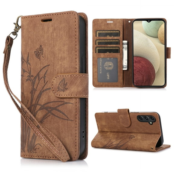 Nalacover Slim Wallet Case for Samsung Galaxy A25 5G, for Women Men, Embossed Pattern PU Leather Shockproof Magnetic Clasp Credit Card Slots Flip Kickstand Phone Case+Wrist Strap,Brown