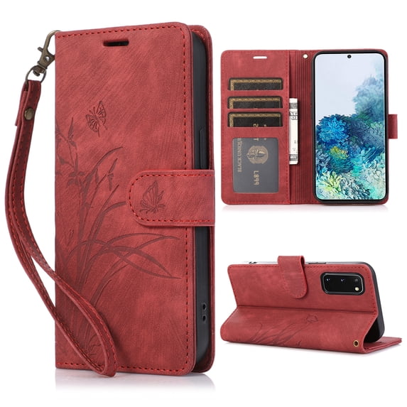Nalacover Slim Wallet Case for Samsung Galaxy S20 Plus, for Women Men, Embossed Pattern PU Leather Shockproof Magnetic Clasp Credit Card Slots Flip Kickstand Phone Case+Wrist Strap,Red