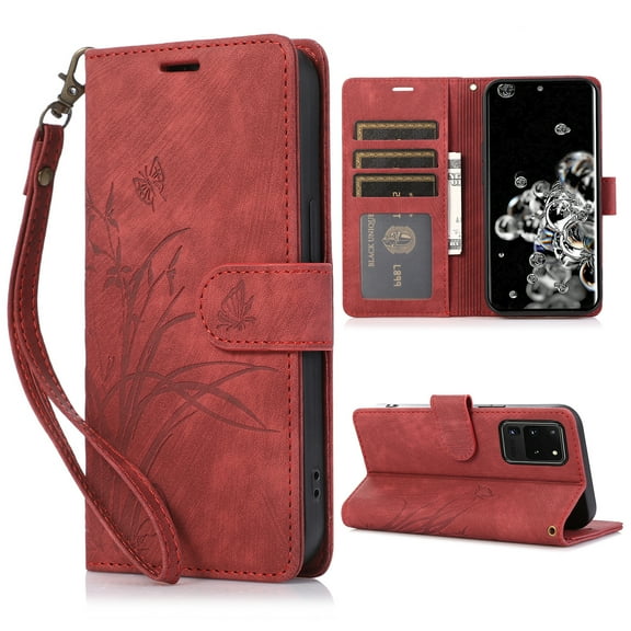 Nalacover Slim Wallet Case for Samsung Galaxy S20 Ultra, for Women Men, Embossed Pattern PU Leather Shockproof Magnetic Clasp Credit Card Slots Flip Kickstand Phone Case+Wrist Strap,Red