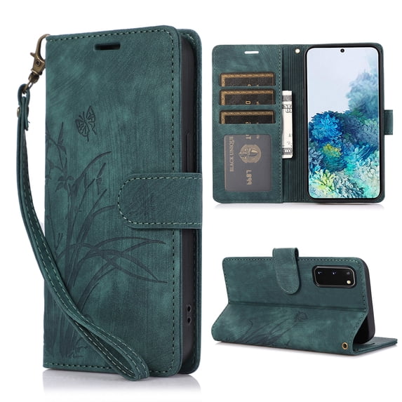 Nalacover Slim Wallet Case for Samsung Galaxy S20, for Women Men, Embossed Pattern PU Leather Shockproof Magnetic Clasp Credit Card Slots Flip Kickstand Phone Case+Wrist Strap,Green