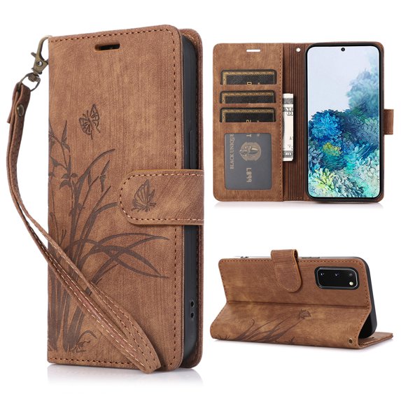 Nalacover Slim Wallet Case for Samsung Galaxy S20, for Women Men, Embossed Pattern PU Leather Shockproof Magnetic Clasp Credit Card Slots Flip Kickstand Phone Case+Wrist Strap,Brown