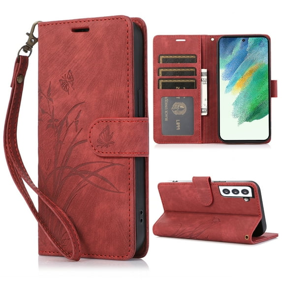 Nalacover Slim Wallet Case for Samsung Galaxy S21 FE, for Women Men, Embossed Pattern PU Leather Shockproof Magnetic Clasp Credit Card Slots Flip Kickstand Phone Case+Wrist Strap,Red