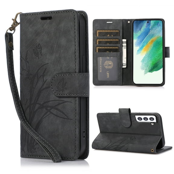 Nalacover Slim Wallet Case for Samsung Galaxy S21 Plus, for Women Men, Embossed Pattern PU Leather Shockproof Magnetic Clasp Credit Card Slots Flip Kickstand Phone Case+Wrist Strap,Black