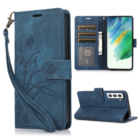 Nalacover Slim Wallet Case for Samsung Galaxy S21 Plus, for Women Men, Embossed Pattern PU Leather Shockproof Magnetic Clasp Credit Card Slots Flip Kickstand Phone Case+Wrist Strap,Blue