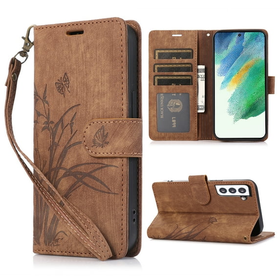 Nalacover Slim Wallet Case for Samsung Galaxy S21, for Women Men, Embossed Pattern PU Leather Shockproof Magnetic Clasp Credit Card Slots Flip Kickstand Phone Case+Wrist Strap,Brown