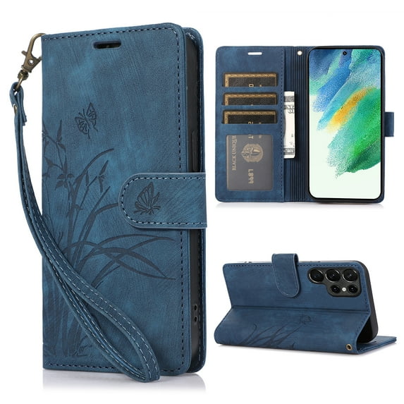 Nalacover Slim Wallet Case for Samsung Galaxy S22 Ultra, for Women Men, Embossed Pattern PU Leather Shockproof Magnetic Clasp Credit Card Slots Flip Kickstand Phone Case+Wrist Strap,Blue