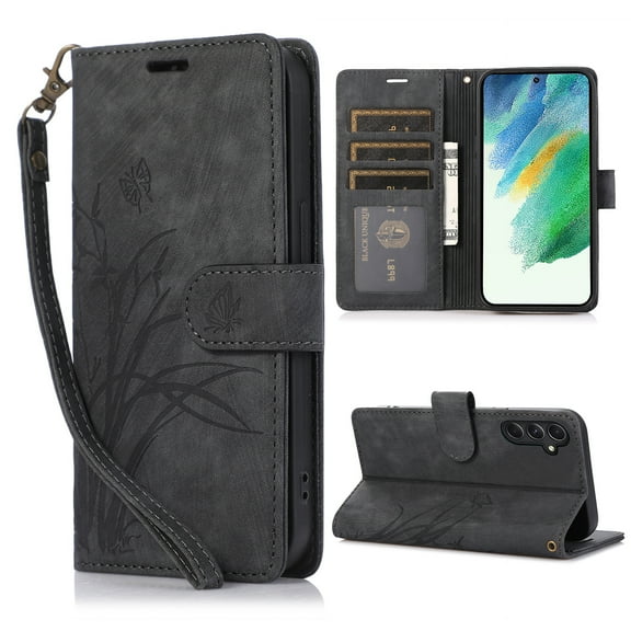 Nalacover Slim Wallet Case for Samsung Galaxy S23 FE, for Women Men, Embossed Pattern PU Leather Shockproof Magnetic Clasp Credit Card Slots Flip Kickstand Phone Case+Wrist Strap,Black