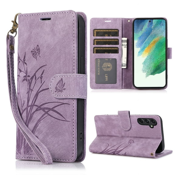 Nalacover Slim Wallet Case for Samsung Galaxy S23 Plus, for Women Men, Embossed Pattern PU Leather Shockproof Magnetic Clasp Credit Card Slots Flip Kickstand Phone Case+Wrist Strap,Purple