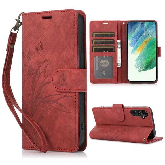 Nalacover Slim Wallet Case for Samsung Galaxy S23, for Women Men, Embossed Pattern PU Leather Shockproof Magnetic Clasp Credit Card Slots Flip Kickstand Phone Case+Wrist Strap,Red