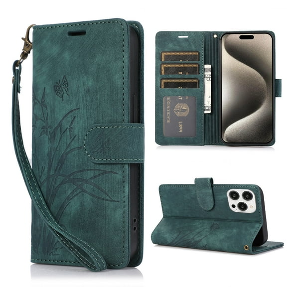 Nalacover Slim Wallet Case for iPhone 11 Pro, for Women Men, Embossed Pattern PU Leather Shockproof Magnetic Clasp Credit Card Slots Flip Kickstand Phone Case+Wrist Strap,Green