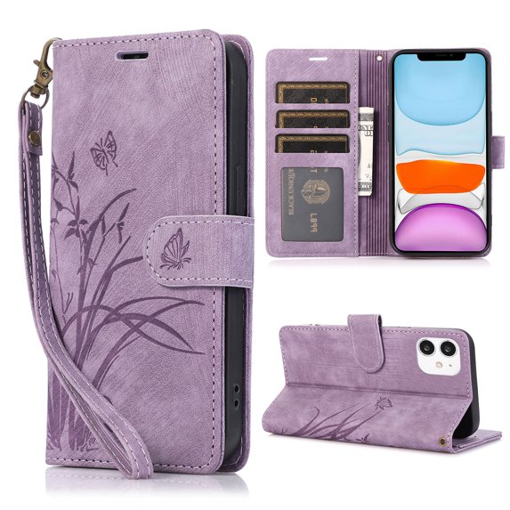 Nalacover Slim Wallet Case for iPhone 11, for Women Men, Embossed Pattern PU Leather Shockproof Magnetic Clasp Credit Card Slots Flip Kickstand Phone Case+Wrist Strap,Purple