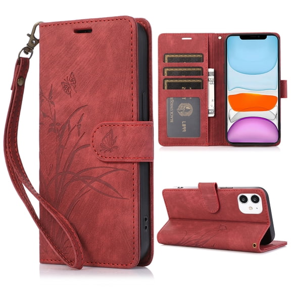 Nalacover Slim Wallet Case for iPhone 11, for Women Men, Embossed Pattern PU Leather Shockproof Magnetic Clasp Credit Card Slots Flip Kickstand Phone Case+Wrist Strap,Red