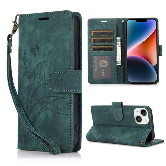 Nalacover Slim Wallet Case for iPhone 14 Plus, for Women Men, Embossed Pattern PU Leather Shockproof Magnetic Clasp Credit Card Slots Flip Kickstand Phone Case+Wrist Strap,Green