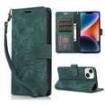 thumbnail image 1 of Nalacover Slim Wallet Case for iPhone 14, for Women Men, Embossed Pattern PU Leather Shockproof Magnetic Clasp Credit Card Slots Flip Kickstand Phone Case+Wrist Strap,Green, 1 of 8