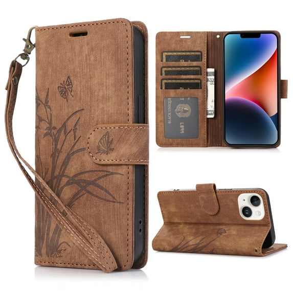 Nalacover Slim Wallet Case for iPhone 14, for Women Men, Embossed Pattern PU Leather Shockproof Magnetic Clasp Credit Card Slots Flip Kickstand Phone Case+Wrist Strap,Brown