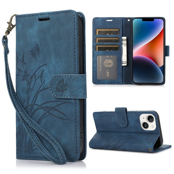 Nalacover Slim Wallet Case for iPhone 15 Plus, for Women Men, Embossed Pattern PU Leather Shockproof Magnetic Clasp Credit Card Slots Flip Kickstand Phone Case+Wrist Strap,Blue