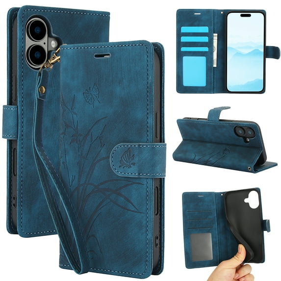 Nalacover Slim Wallet Case for iPhone 16 Plus, for Women Men, Embossed Pattern PU Leather Shockproof Magnetic Clasp Credit Card Slots Flip Kickstand Phone Case+Wrist Strap,Blue