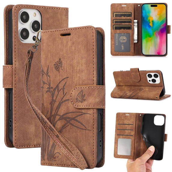 Nalacover Slim Wallet Case for iPhone 16 Pro Max, for Women Men, Embossed Pattern PU Leather Shockproof Magnetic Clasp Credit Card Slots Flip Kickstand Phone Case+Wrist Strap,Brown