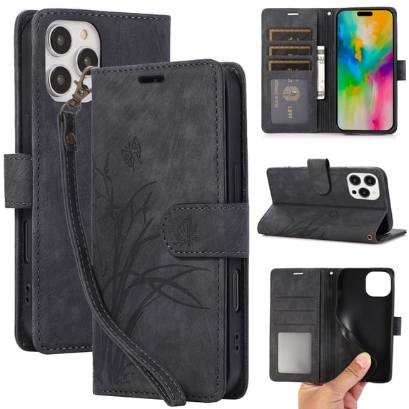 Nalacover Slim Wallet Case for iPhone 16 Pro Max, for Women Men, Embossed Pattern PU Leather Shockproof Magnetic Clasp Credit Card Slots Flip Kickstand Phone Case+Wrist Strap,Black
