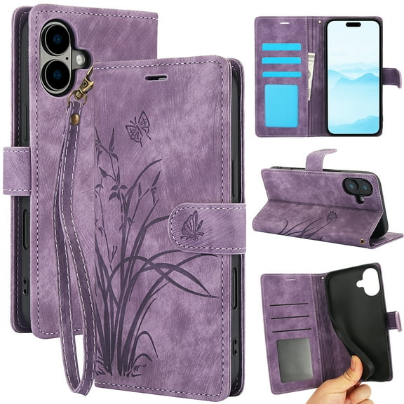 Nalacover Slim Wallet Case for iPhone 16, for Women Men, Embossed Pattern PU Leather Shockproof Magnetic Clasp Credit Card Slots Flip Kickstand Phone Case+Wrist Strap,Purple