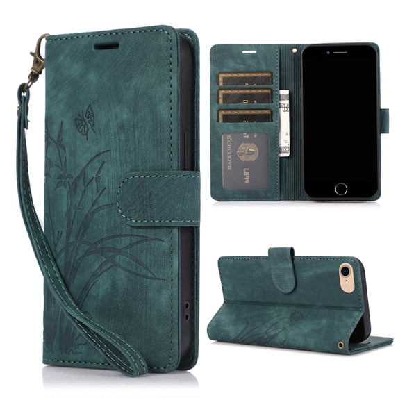 Nalacover Slim Wallet Case for iPhone 7/8/SE 2020/SE 2022, for Women Men, Embossed Pattern PU Leather Shockproof Magnetic Clasp Credit Card Slots Flip Kickstand Phone Case+Wrist Strap,Green