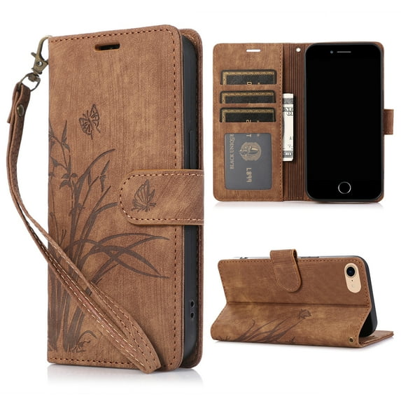 Nalacover Slim Wallet Case for iPhone 7/8/SE 2020/SE 2022, for Women Men, Embossed Pattern PU Leather Shockproof Magnetic Clasp Credit Card Slots Flip Kickstand Phone Case+Wrist Strap,Brown