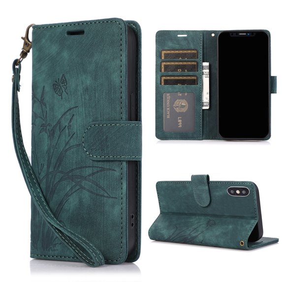 Nalacover Slim Wallet Case for iPhone X/XS, for Women Men, Embossed Pattern PU Leather Shockproof Magnetic Clasp Credit Card Slots Flip Kickstand Phone Case+Wrist Strap,Green