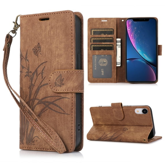 Nalacover Slim Wallet Case for iPhone XR, for Women Men, Embossed Pattern PU Leather Shockproof Magnetic Clasp Credit Card Slots Flip Kickstand Phone Case+Wrist Strap,Brown