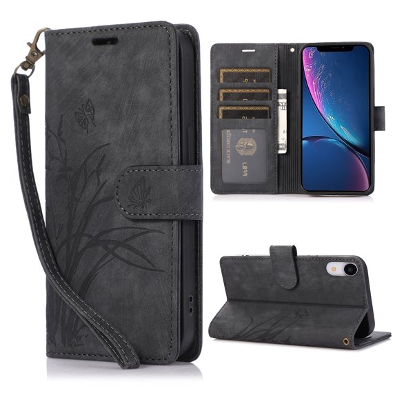 Nalacover Slim Wallet Case for iPhone XR, for Women Men, Embossed Pattern PU Leather Shockproof Magnetic Clasp Credit Card Slots Flip Kickstand Phone Case+Wrist Strap,Black