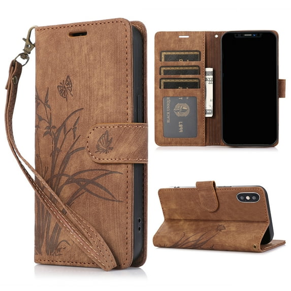 Nalacover Slim Wallet Case for iPhone XS Max, for Women Men, Embossed Pattern PU Leather Shockproof Magnetic Clasp Credit Card Slots Flip Kickstand Phone Case+Wrist Strap,Brown