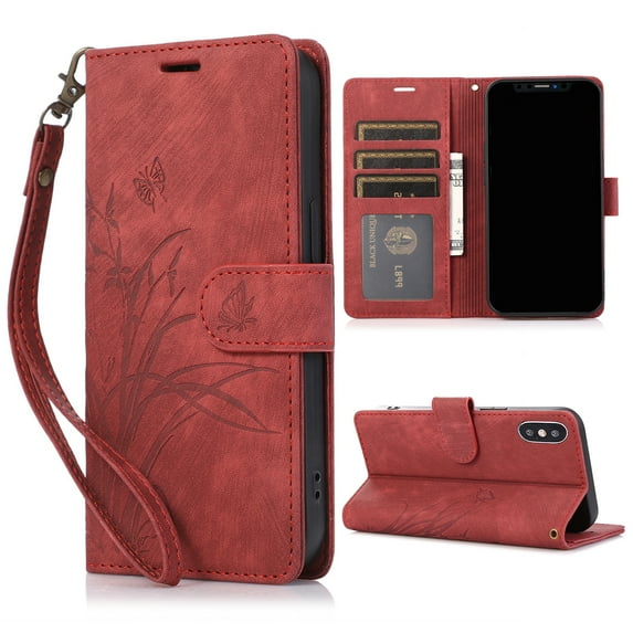 Nalacover Slim Wallet Case for iPhone XS Max, for Women Men, Embossed Pattern PU Leather Shockproof Magnetic Clasp Credit Card Slots Flip Kickstand Phone Case+Wrist Strap,Red