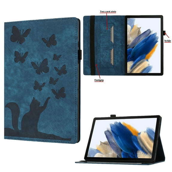Nalacover Tablet Case for Samsung Galaxy Tab A7 Lite 8.7" 2021 Flip Wallet Case with Card Slots Elastic Band Pen Holder - Cute Butterflies Cat Pattern PU Leather Stand Shockproof Cover - Darkblue