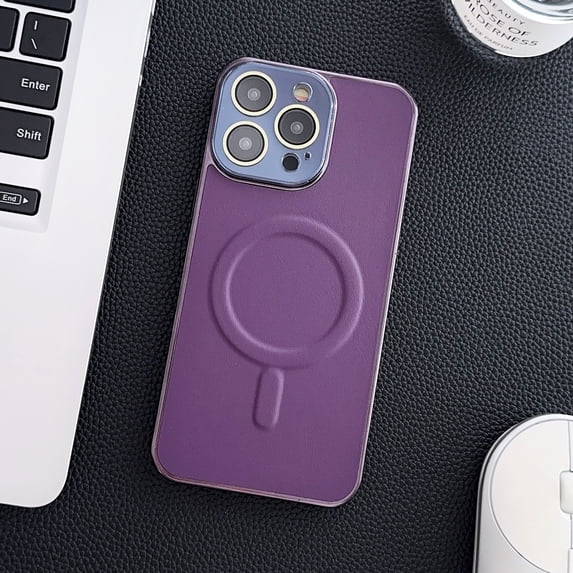 Nalacover Ultra Slim Magnetic for iPhone 13 Pro Max Case with Camera Lens Protector, Compatible with MagSafe, Faux Leather Texture Hard PC Shockproof Built-in Makeup Mirror Thin Cover, Purple