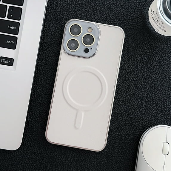 Nalacover Ultra Slim Magnetic for iPhone 14 Case with Camera Lens Protector, Compatible with MagSafe, Faux Leather Texture Hard PC Shockproof Built-in Makeup Mirror Thin Cover, White