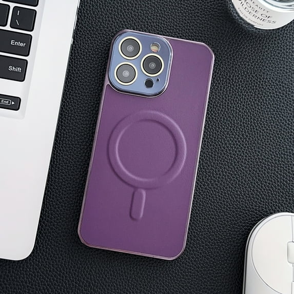 Nalacover Ultra Slim Magnetic for iPhone 14 Case with Camera Lens Protector, Compatible with MagSafe, Faux Leather Texture Hard PC Shockproof Built-in Makeup Mirror Thin Cover, Purple