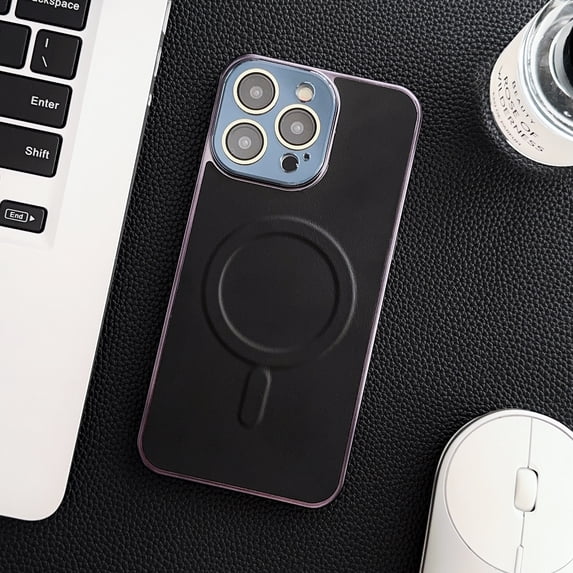 Nalacover Ultra Slim Magnetic for iPhone 15 Pro Case with Camera Lens Protector, Compatible with MagSafe, Faux Leather Texture Hard PC Shockproof Built-in Makeup Mirror Thin Cover, Black