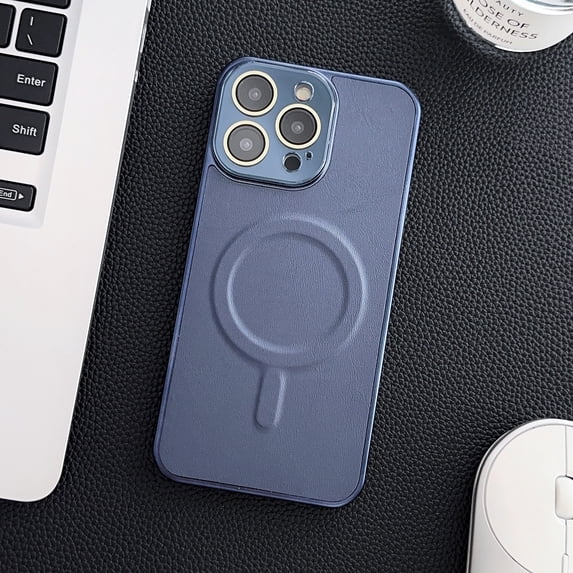 Nalacover Ultra Slim Magnetic for iPhone 15 Pro Case with Camera Lens Protector, Compatible with MagSafe, Faux Leather Texture Hard PC Shockproof Built-in Makeup Mirror Thin Cover, Blue