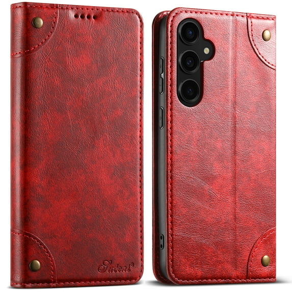 Nalacover Vintage Wallet Case for Samsung Galaxy S24, Magnetic Closure Flip Folio Cover with Card Slots Kickstand, Classic PU Leather Shockproof Anti-Scratches Case,Red