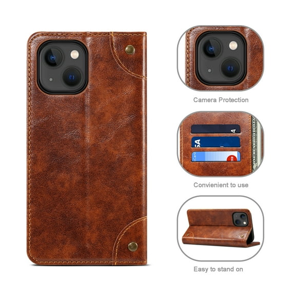 Nalacover Vintage Wallet Case for iPhone 14 Plus, Magnetic Closure Flip Folio Cover with Card Slots Kickstand, Classic PU Leather TPU Shockproof Anti-Scratches Case for iPhone 14 Plus,Khaki