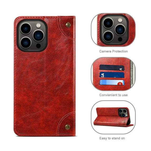 Nalacover Vintage Wallet Case for iPhone 15 Pro, Magnetic Closure Flip Folio Cover with Card Slots Kickstand, Classic PU Leather TPU Shockproof Anti-Scratches Case for iPhone 15 Pro,Red