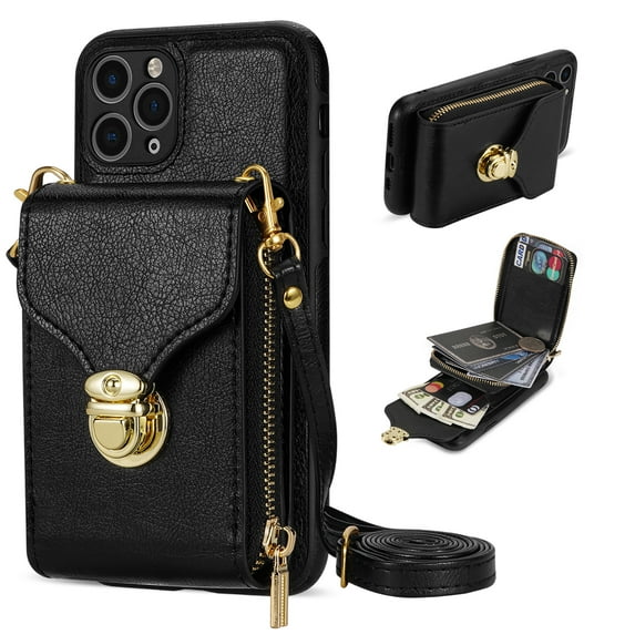 Nalacover Wallet Case for Apple iPhone 11 Pro,with Removable Adjustable Shoulder Strap,PU Leather Back Zipper Pocket Card Holder Stand Purse Shockproof Phone Case for Women Men,Black