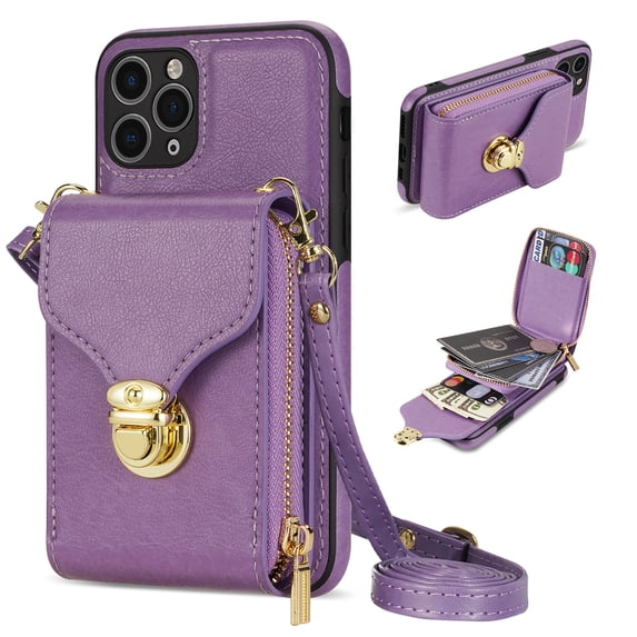 Nalacover Wallet Case for Apple iPhone 11 Pro,with Removable Adjustable Shoulder Strap,PU Leather Back Zipper Pocket Card Holder Stand Purse Shockproof Phone Case for Women Men,Purple